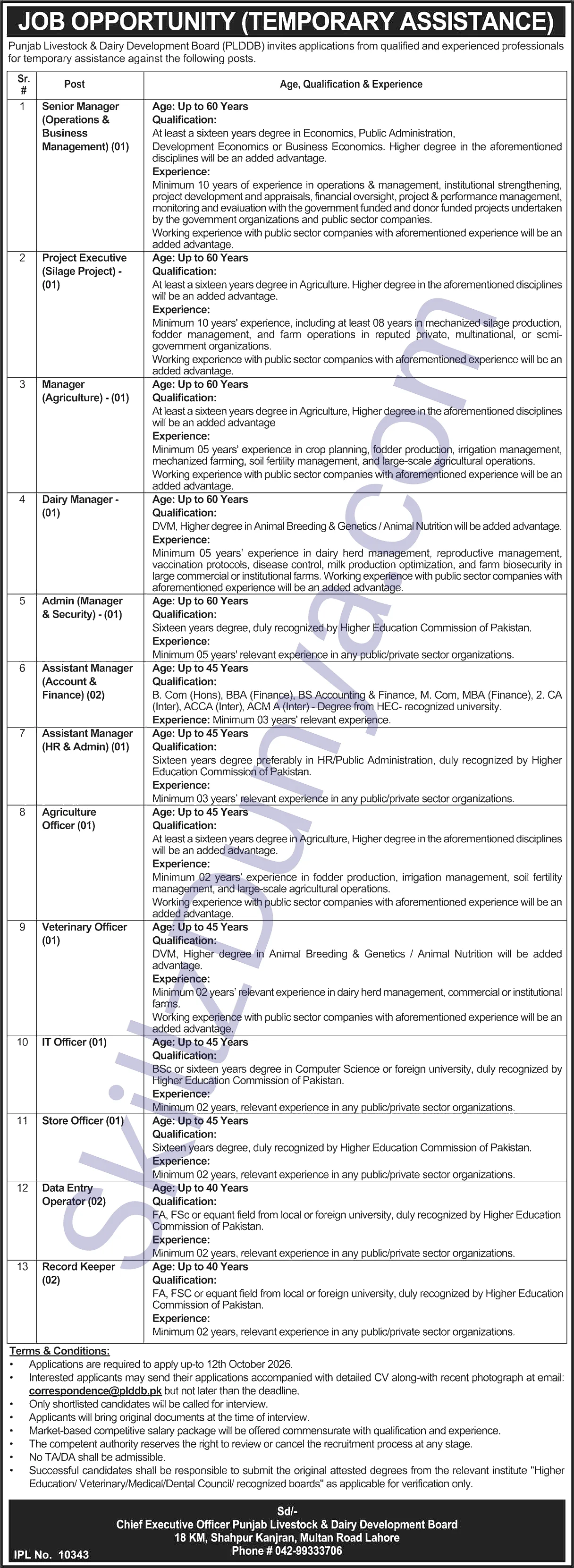 Punjab Livestock and Dairy Development Board (PLDDB) Lahore Jobs 2026 — Assistant Manager (Account & Finance), Data Entry Operator & 10 More Posts — Official Newspaper Advertisement | SkillzDunya