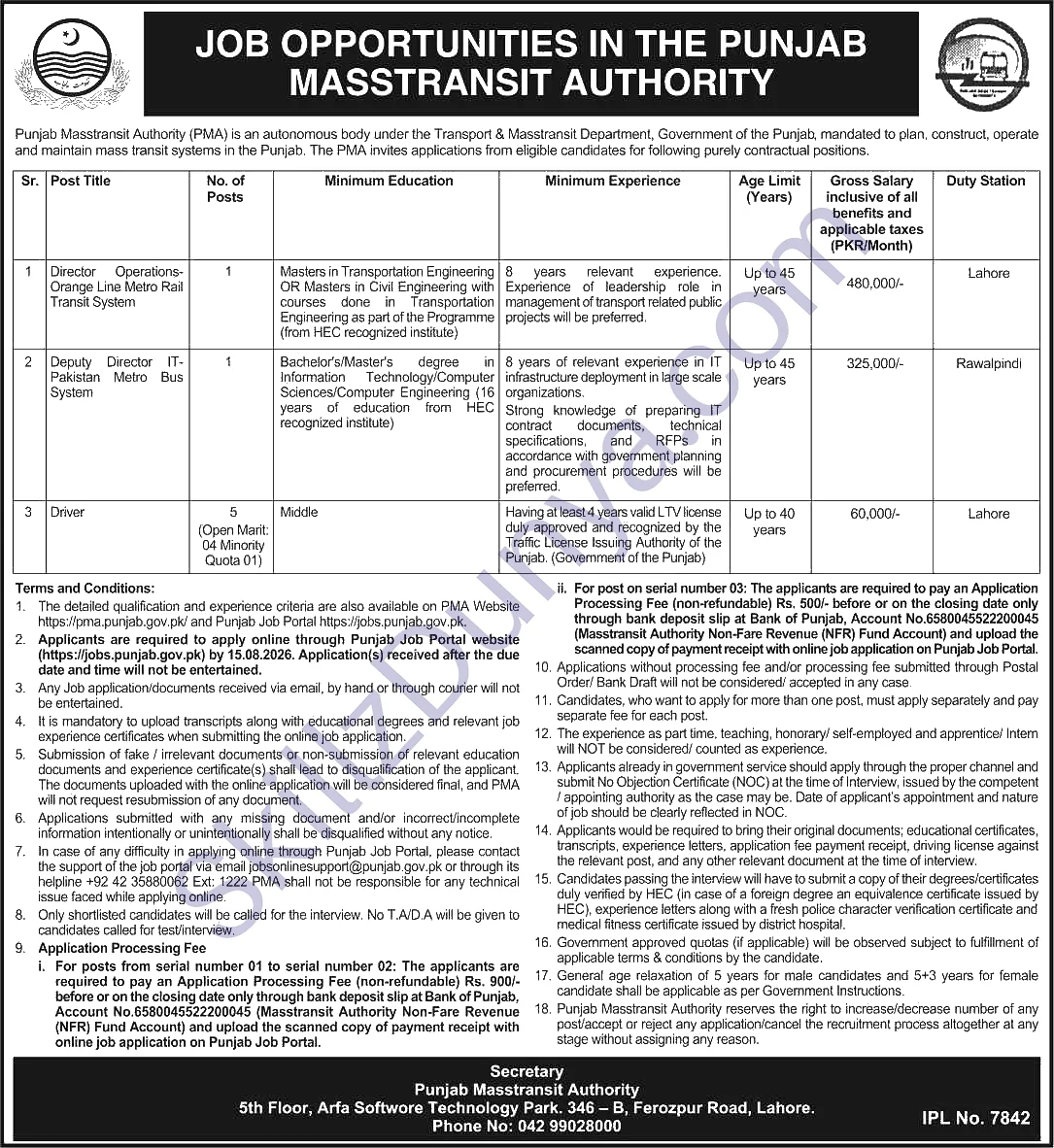 Punjab Masstransit Authority Jobs 2026 — Drivers, Lahore — Official Newspaper Advertisement | SkillzDunya