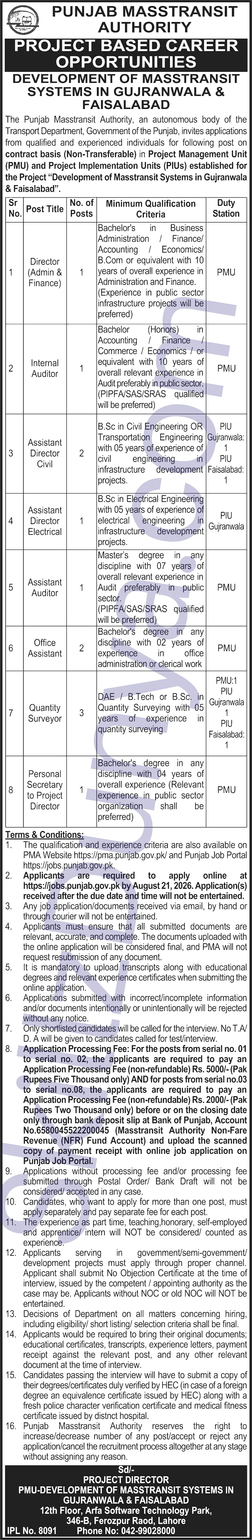 Punjab Masstransit Authority Jobs 2026 — Quantity Surveyor, Assistant Director Civil & 6 More Posts — Official Newspaper Advertisement | SkillzDunya