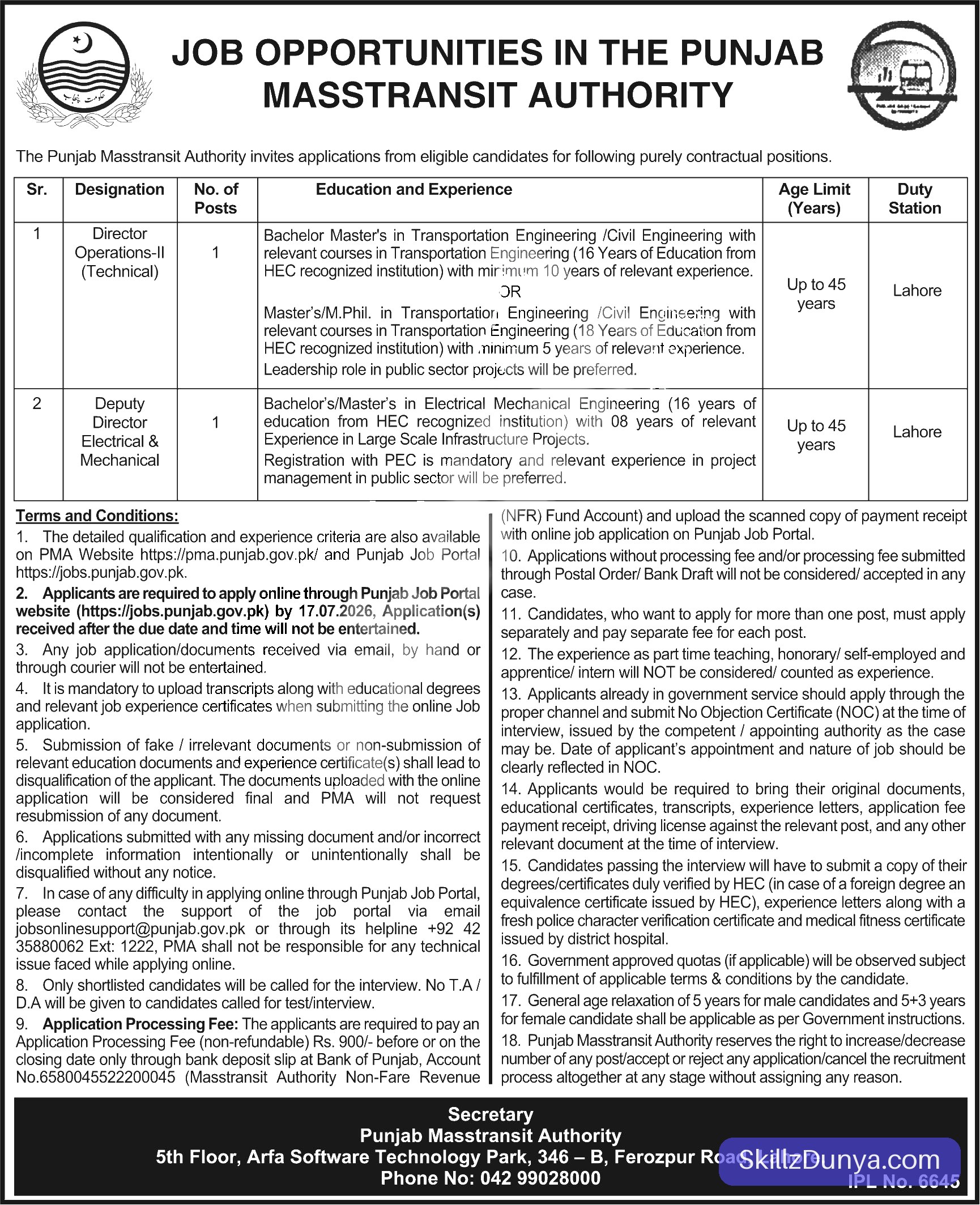 Punjab Masstransit Authority Lahore Jobs 2026 — Director Operations-II (Technical), Deputy Director Electrical & Mechanical 2026 — Official Newspaper Advertisement | SkillzDunya