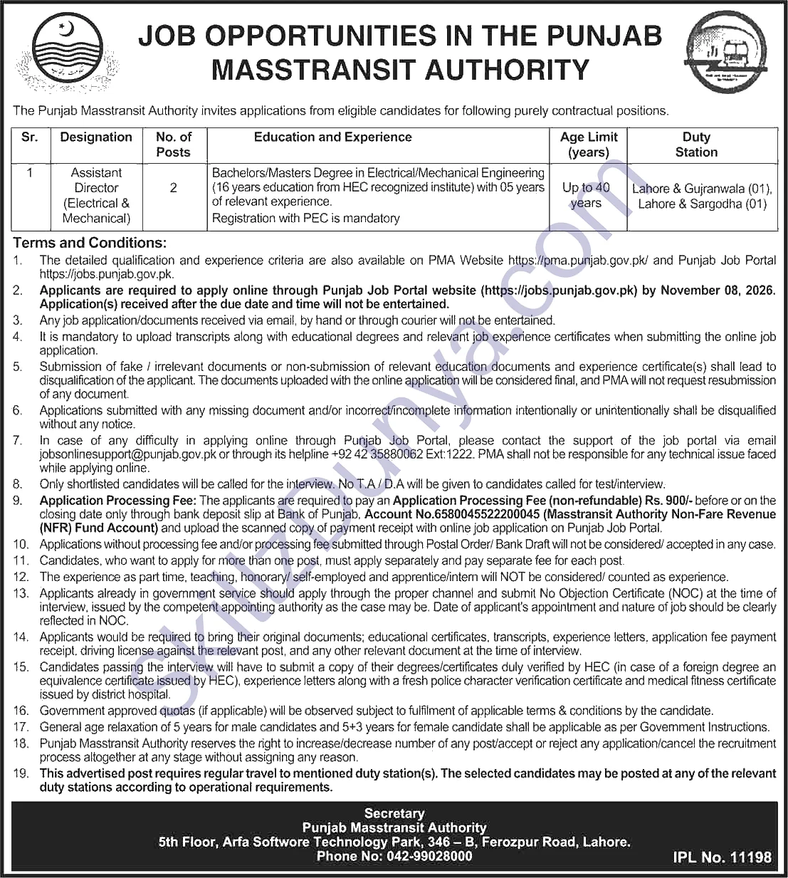 Punjab Masstransit Authority Lahore Jobs 2026 — Official Newspaper Advertisement | SkillzDunya