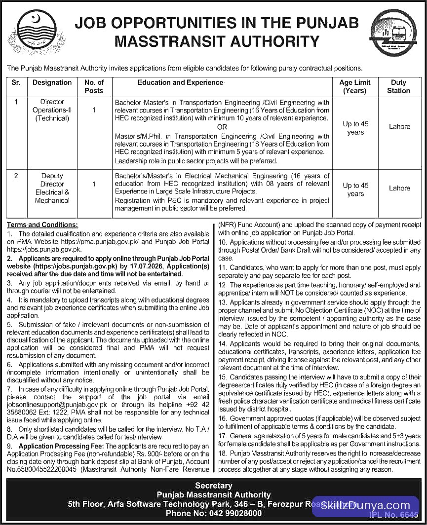 Punjab Masstransit Authority Lahore Jobs 2026 — Director Operations-II (Technical), Deputy Director Electrical & Mechanical 2026 — Official Newspaper Advertisement | SkillzDunya