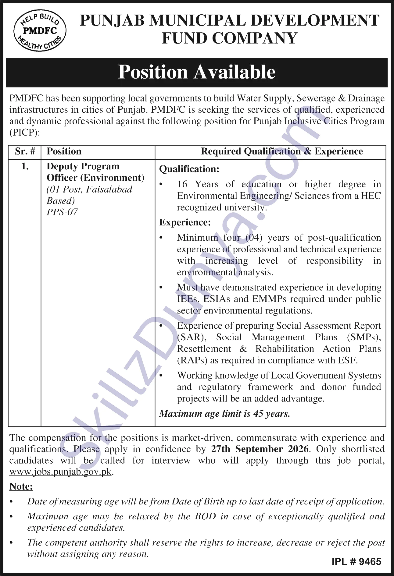 Punjab Municipal Development Fund Company Pmdfc — Punjab Municipal Development Fund Company Faisalabad Jobs 2026 — Deputy Program Officer (Environment) Pakistan