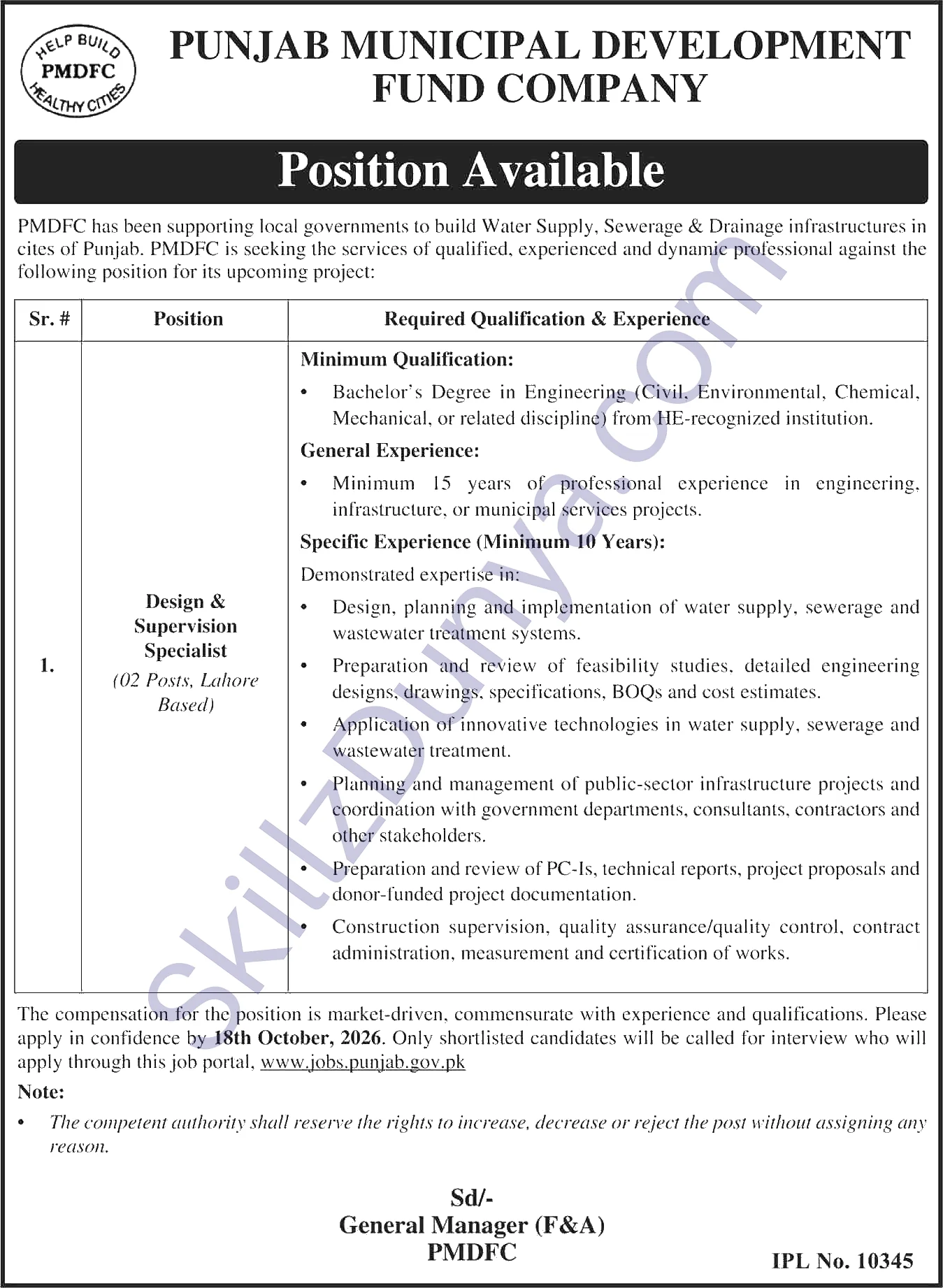 Punjab Municipal Development Fund Company Pmdfc — Punjab Municipal Development Fund Company Lahore Jobs 2026 — Design & Supervision Specialist Pakistan