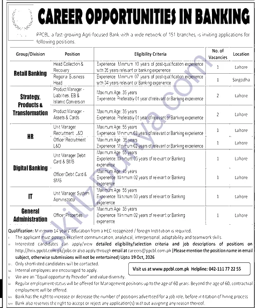 Punjab Provincial Cooperative Bank (PPCBL) Lahore Jobs 2026 — Product Manager - Assets & Cards, Head Collection & Recovery & 7 More Posts — Official Newspaper Advertisement | SkillzDunya