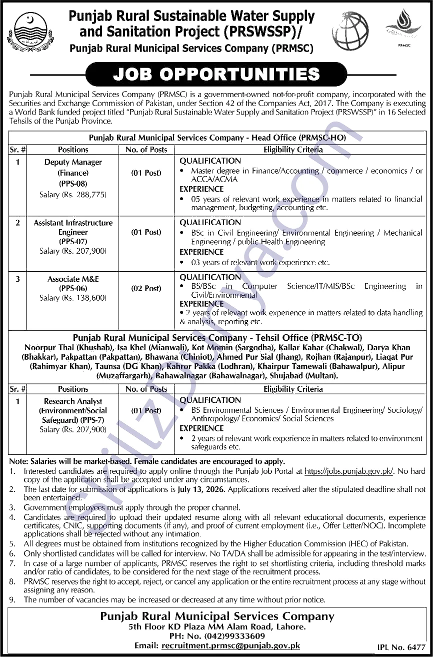 Punjab Rural Municipal Services Company Prmsc — Punjab Rural Municipal Services Company PRMSC Jobs 2026 Pakistan