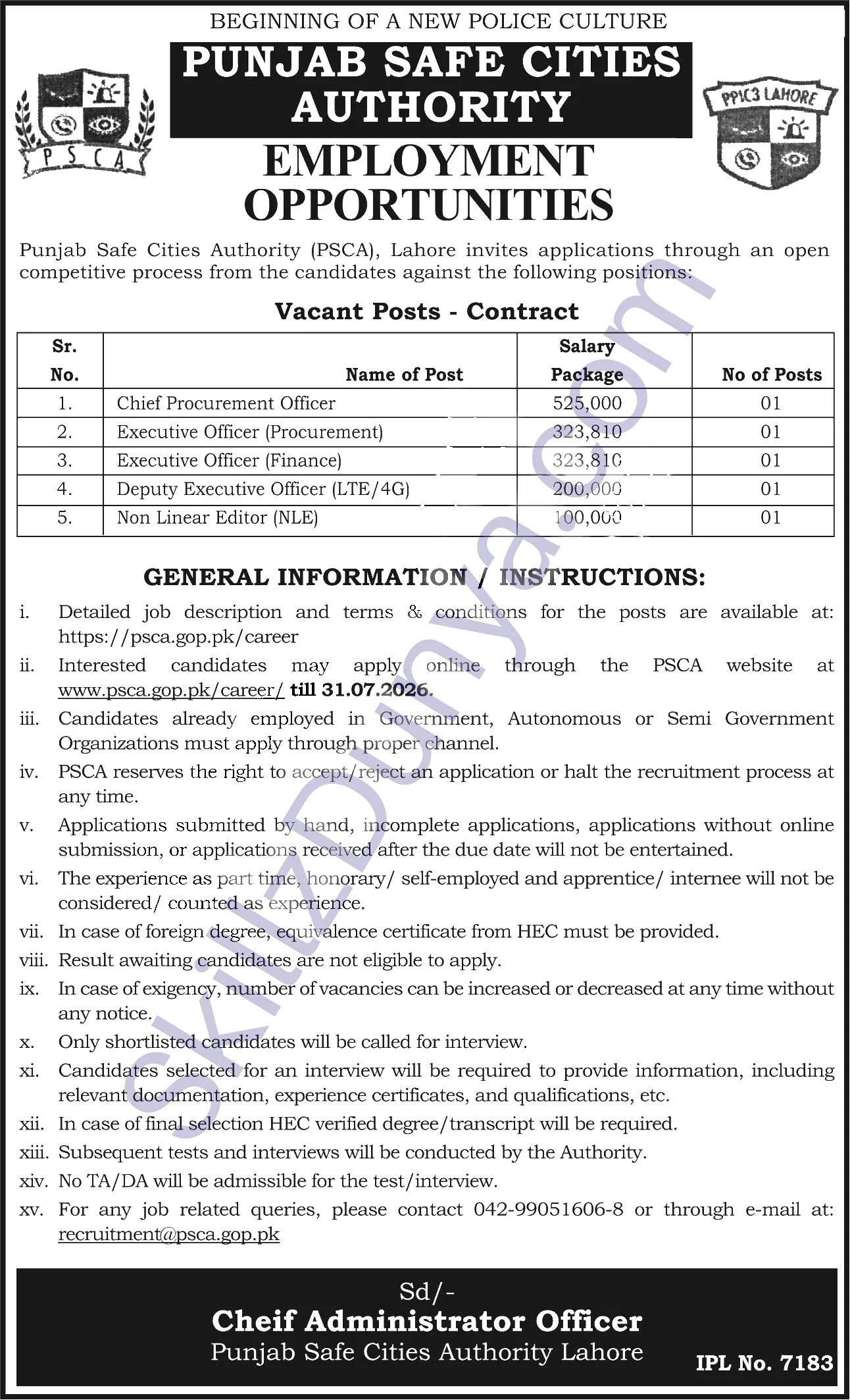 Punjab Safe Cities Authority (PSCA) Lahore Jobs 2026 — Non Linear Editor — Official Newspaper Advertisement | SkillzDunya