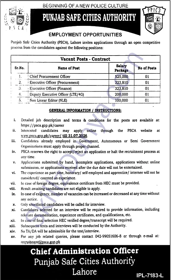 Punjab Safe Cities Authority (PSCA) Lahore Jobs 2026 — Chief Procurement Officer, Executive Officer (Procurement) & 3 More Posts — Official Newspaper Advertisement | SkillzDunya