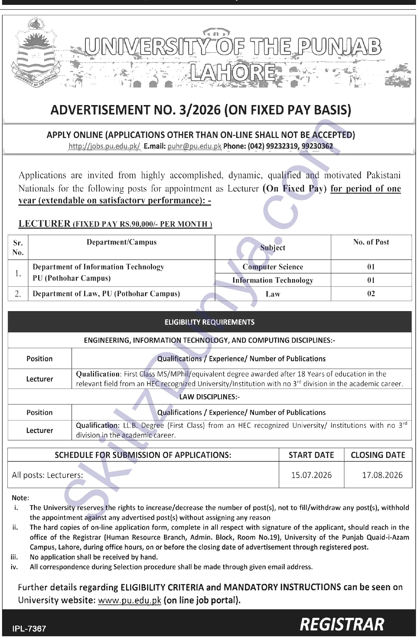 Punjab University Jobs 2026 — Lecturers — Official Newspaper Advertisement | SkillzDunya