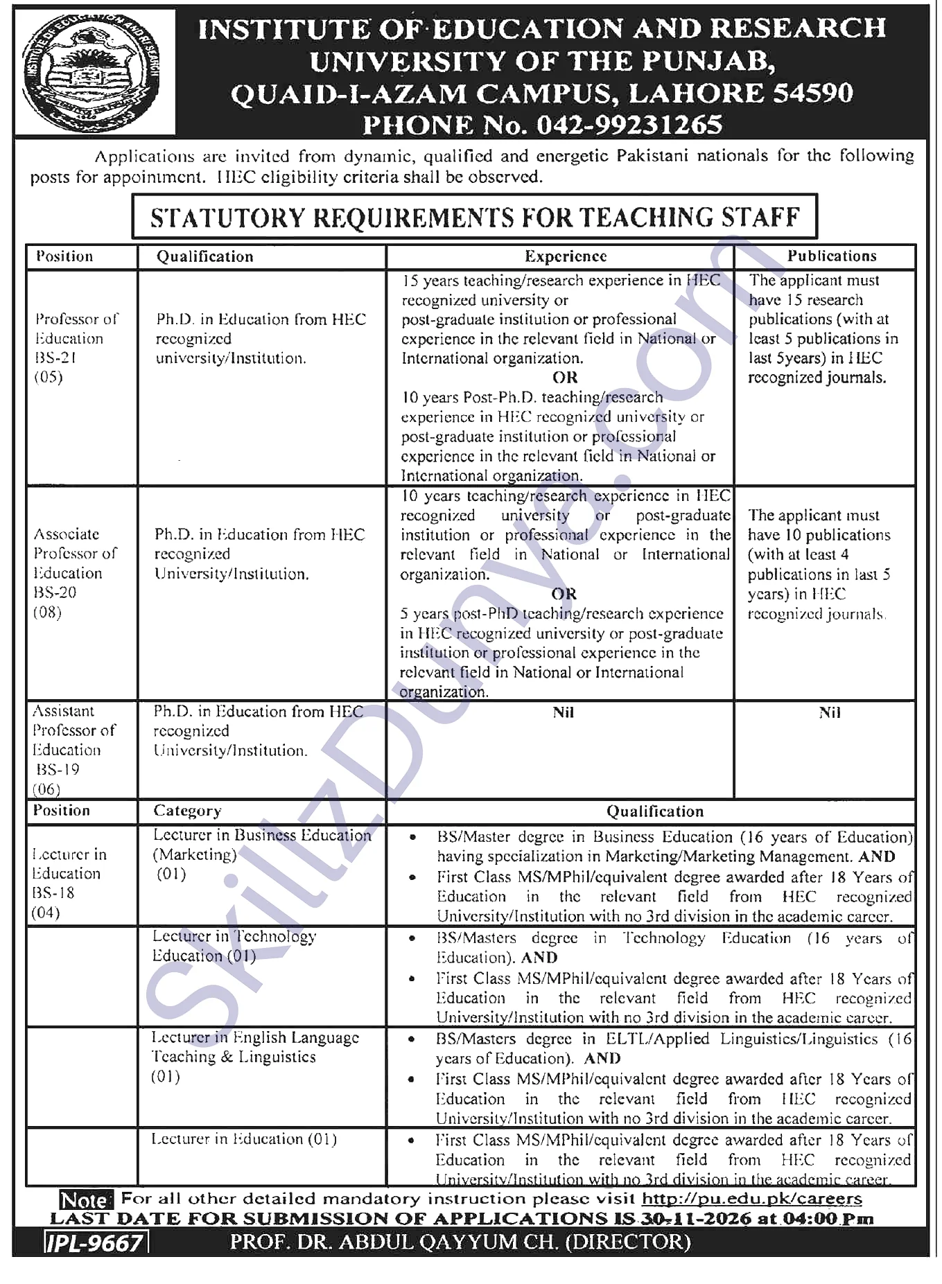 Punjab University Lahore Jobs 2026 — Associate Professor Education, Assistant Professor Education & 4 More Posts — Official Newspaper Advertisement | SkillzDunya