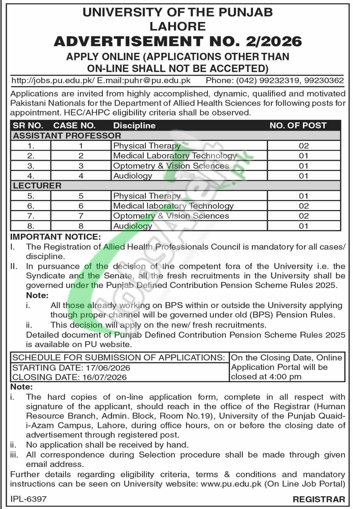Punjab University Lahore Jobs 2026 — Assistant Professor, Lecturer 2026 — Official Newspaper Advertisement | SkillzDunya