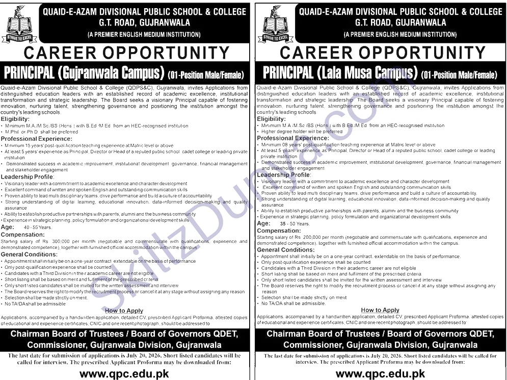Quaid E Azam Divisional Public School College — Quaid-e-Azam Divisional Public School & College Gujranwala Jobs 2026 — Principal (Gujranwala Campus), Principal (Lala Musa Campus) Pakistan