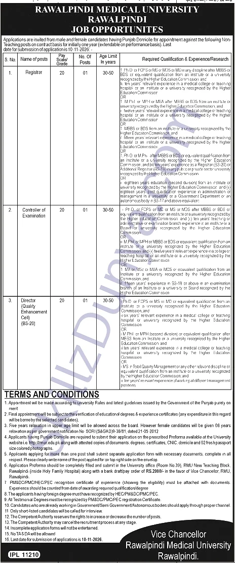 Rawalpindi Medical University Rmu — Rawalpindi Medical University RMU Jobs 2026 — Registrar, Controller Examination, Director (Quality Enhancement Cell) Pakistan