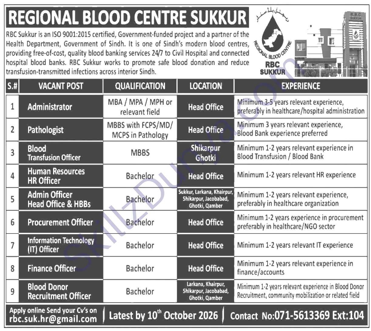 Regional Blood Centre Sukkur Jobs 2026 — Administrator, Pathologist & 7 More Posts — Official Newspaper Advertisement | SkillzDunya