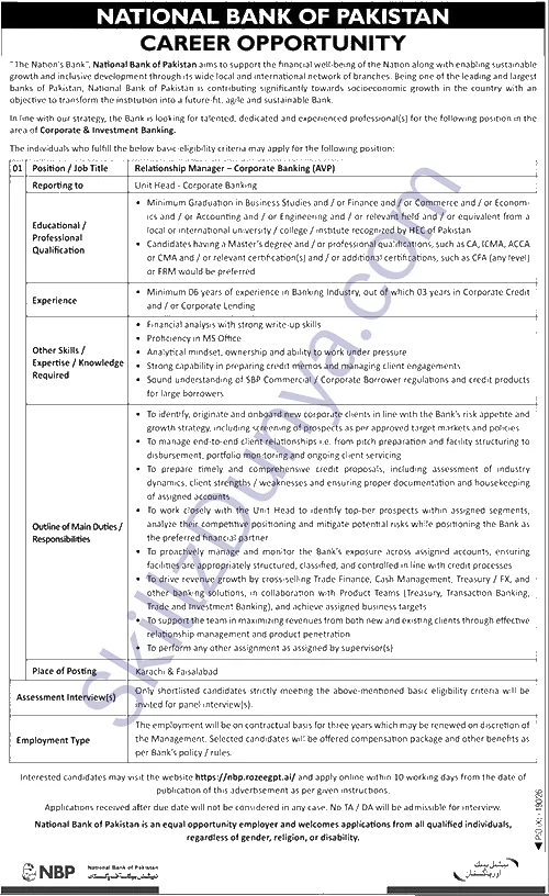 National Bank of Pakistan (NBP) Jobs 2026 — Relationship Manager, Corporate Banking (Karachi & Faisalabad) — Official Newspaper Advertisement | SkillzDunya