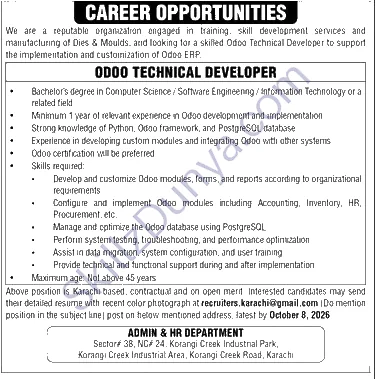 Reputable Organization — Reputable Organization Karachi Jobs 2026 — Odoo Technical Developer Pakistan