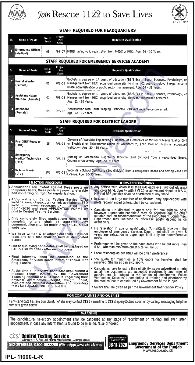 Rescue 1122 Emergency Service (RESCUE1122) Lahore Jobs 2026 — Rescue Driver (LTV), Emergency Medical Technician (EMT) & 5 More Posts — Official Newspaper Advertisement | SkillzDunya