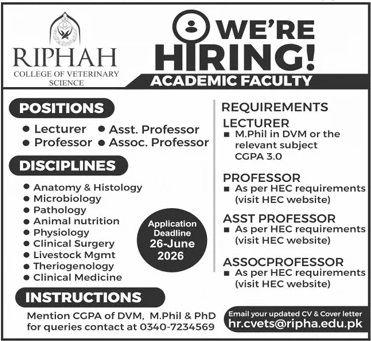 Official Department — Riphah College of Veterinary Science Jobs 2026 Pakistan 2026