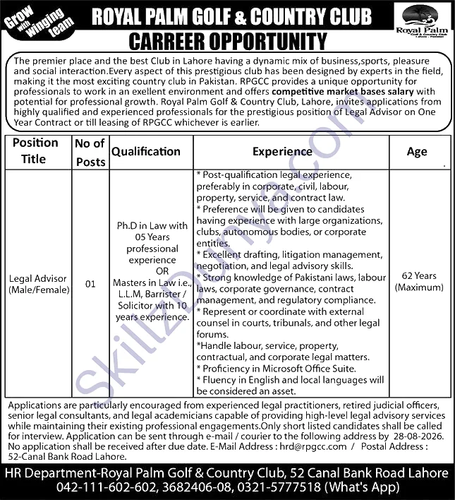 Royal Palm Golf Country Club Lahore — Royal Palm Golf & Country Club Jobs 2026 — Legal Advisor Pakistan
