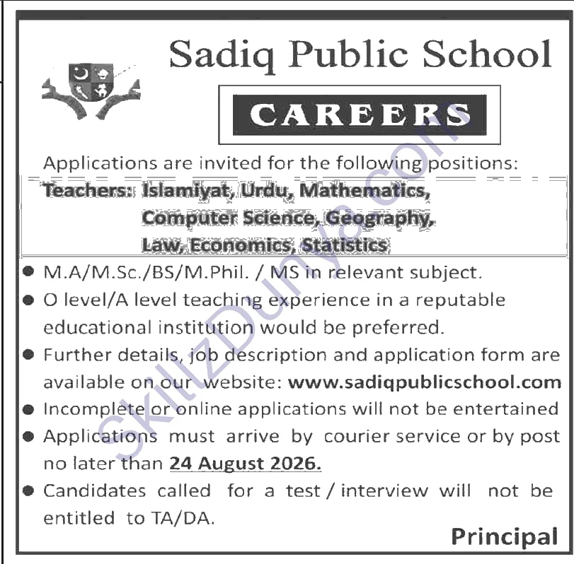Sadiq Public School Jobs 2026 — Teachers Application — Official Newspaper Advertisement | SkillzDunya