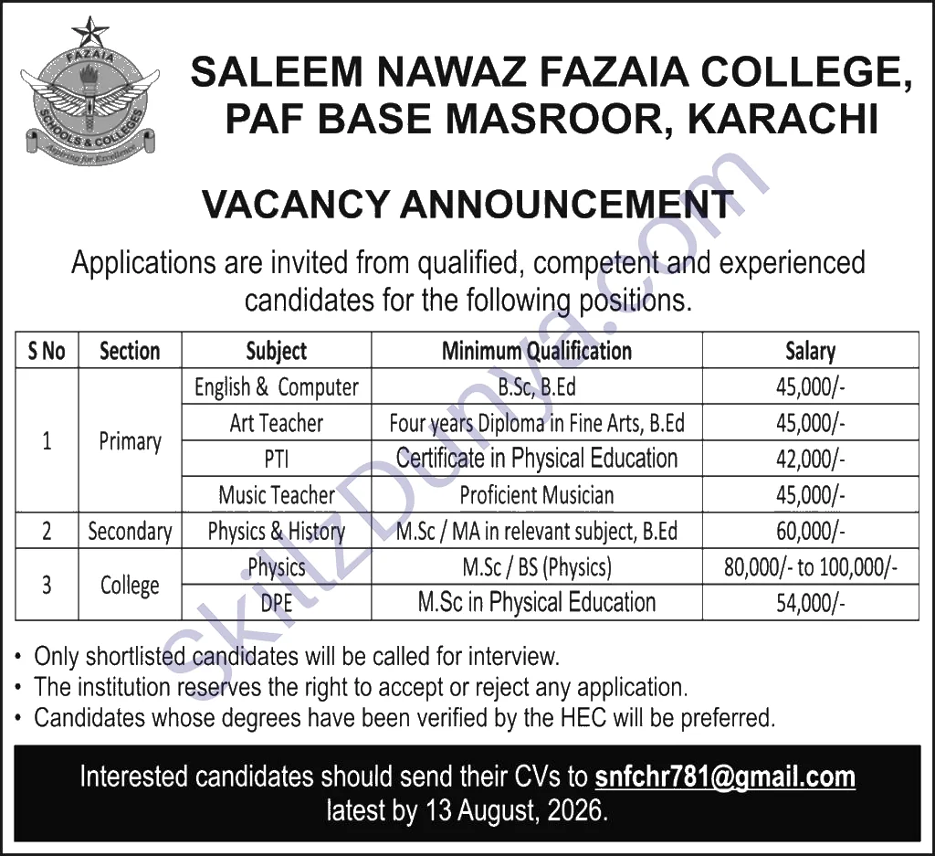 (PAF) Jobs 2026 — Teaching — Official Newspaper Advertisement | SkillzDunya
