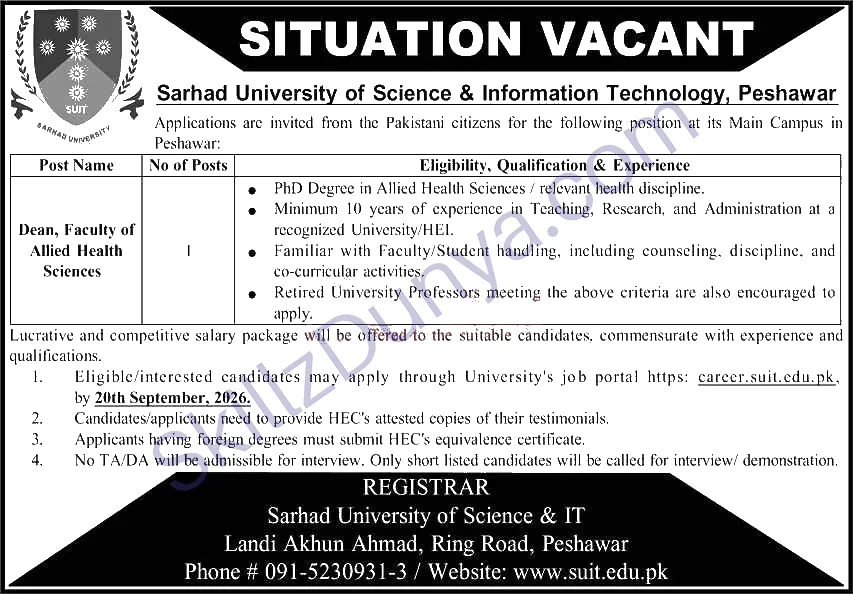 Sarhad University Of Science Information Technology — Sarhad University of Science & Information Technology Peshawar Jobs 2026 — Dean, Faculty Allied Health Sciences Pakistan