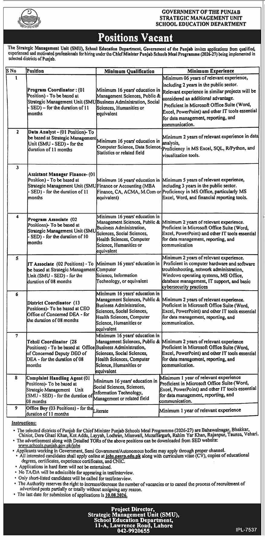 School Education Department Punjab — School Education Department Jobs 2026 — District Coordinators, Tehsil Coordinators, Office Boys Pakistan