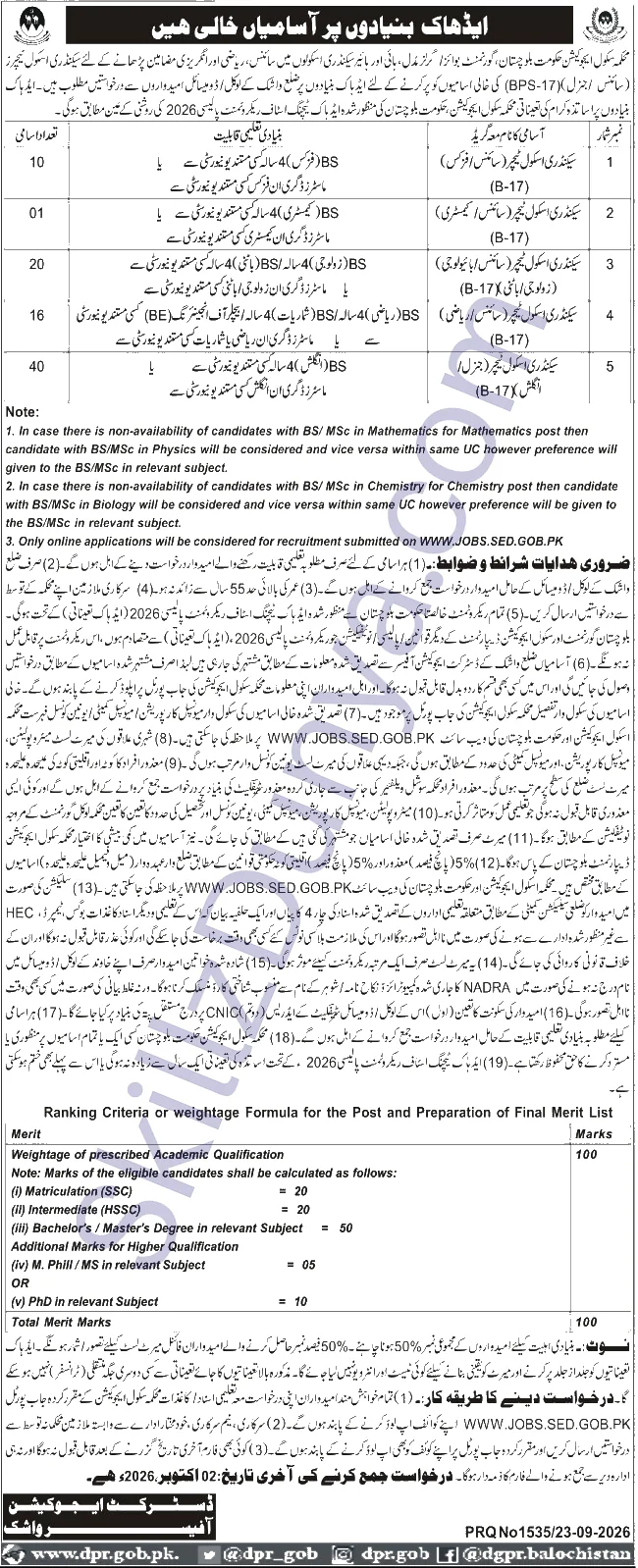 School Education Department Balochistan — School Education Department Balochistan Washuk Jobs 2026 — Secondary School Teacher (Biology), Secondary School Teacher (Mathematics) & 2 More Posts Pakistan