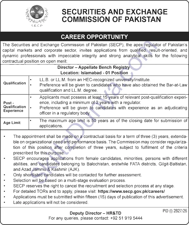 Securities and Exchange Commission of Pakistan (SECP) Islamabad Jobs 2026 — Director - Appellate Bench Registry — Official Newspaper Advertisement | SkillzDunya