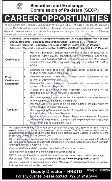 Securities and Exchange Commission of Pakistan (SECP) Islamabad Jobs 2026 — Additional Joint Registrar, Deputy Registrar, Assistant Registrar — Official Newspaper Advertisement | SkillzDunya