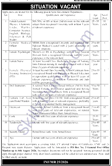 Semi Government Department Mardan — Semi Government Department Jobs 2026 — Lecturers, Instructors & 2 More Posts Pakistan