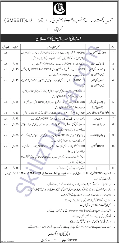 Shaheed Mohtarma Benazir Bhutto Institute of Trauma (SMBBIT) Karachi Jobs 2026 — Medical Officer — Official Newspaper Advertisement | SkillzDunya