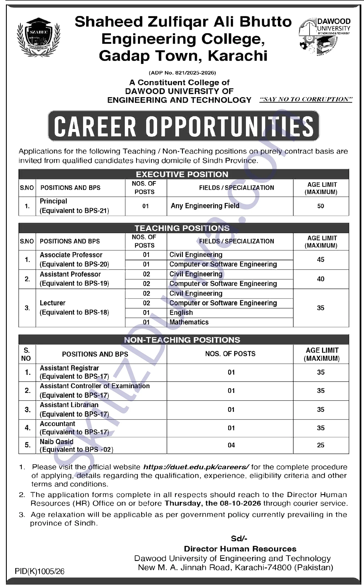 Shaheed Zulfiqar Ali Bhutto Engineering College Karachi Jobs 2026 — Naib Qasid, Assistant Professor (Civil Engineering) & 10 More Posts — Official Newspaper Advertisement | SkillzDunya