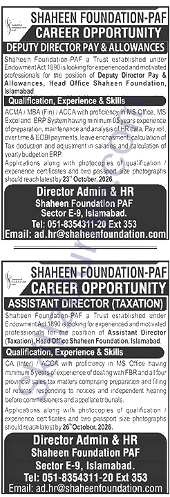 Shaheen Foundation Paf — Shaheen Foundation PAF Islamabad Jobs 2026 — Deputy Director Pay & Allowances, Assistant Director (Taxation) Pakistan