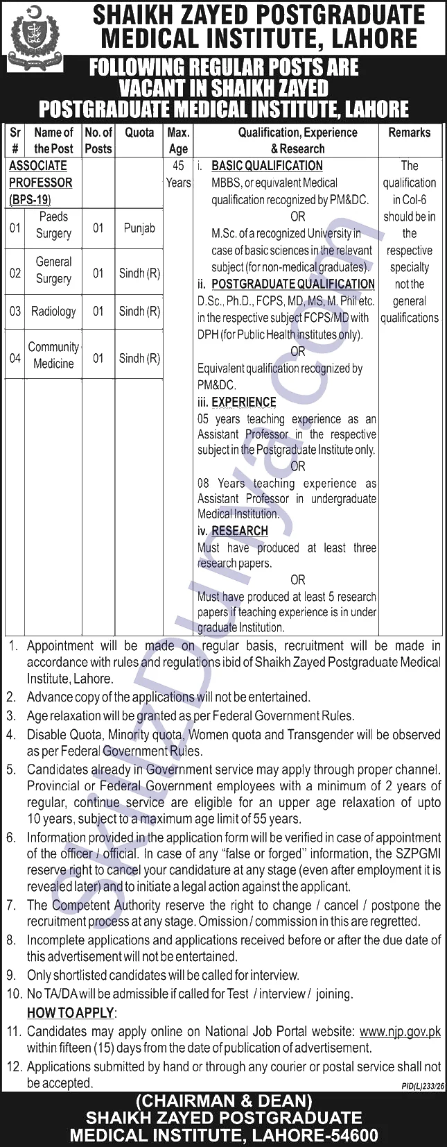 Shaikh Zayed Postgraduate Medical Institute Jobs 2026 — Teaching Faculty SZPGMI — Official Newspaper Advertisement | SkillzDunya