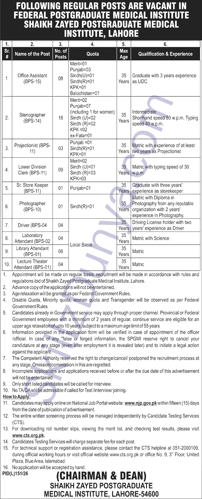 Shaikh Zayed Postgraduate Medical Institute Lahore — Shaikh Zayed Postgraduate Medical Institute Jobs 2026 — Clerks, Drivers & 2 More Posts Pakistan