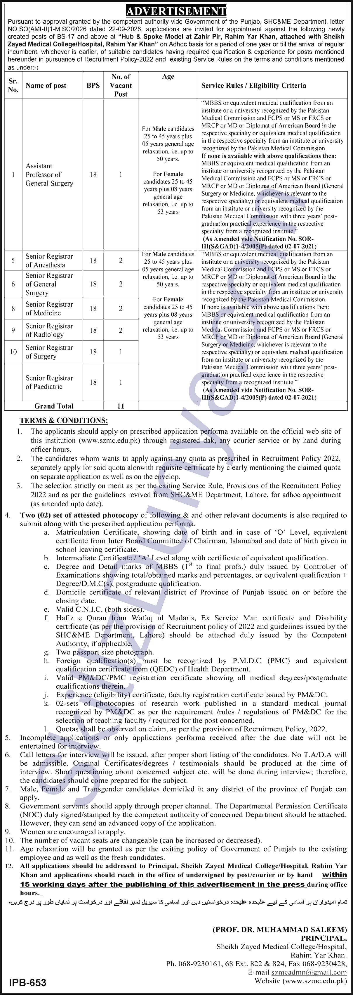 Sheikh Zayed Medical College Hospital Rahim Yar Khan — Sheikh Zayed Medical College Hospital Rahim Yar Khan Jobs 2026 — 11 Posts Pakistan