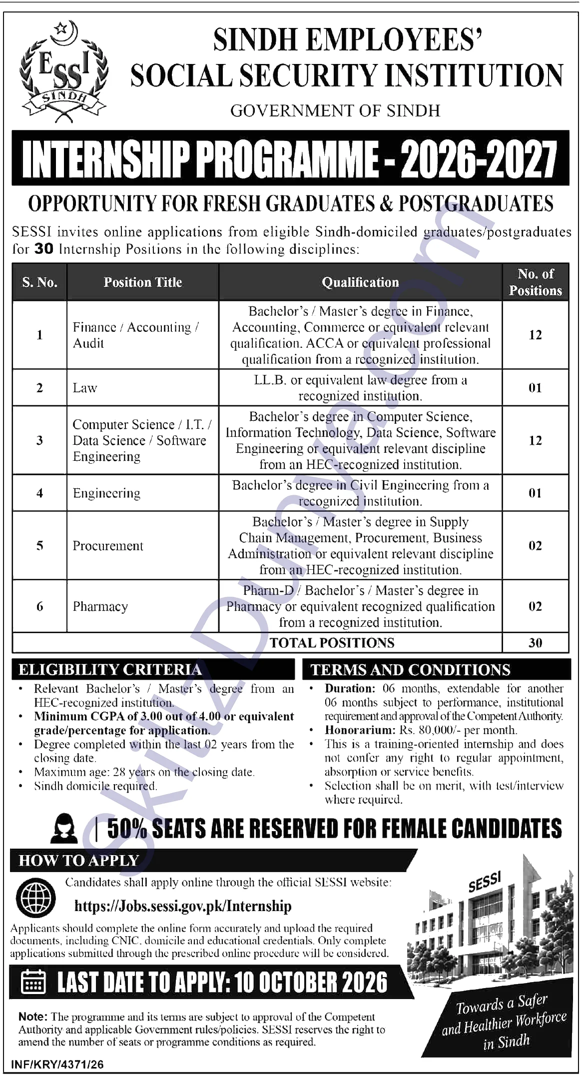 Sindh Employees' Social Security Institution Internship Programme – Jobs 2026 — Finance / Accounting / Audit, Procurement & 3 More Posts — Official Newspaper Advertisement | SkillzDunya