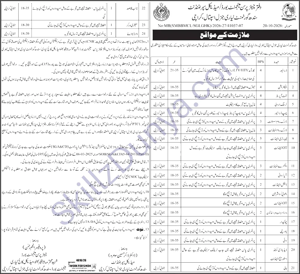 Sindh Government Lyari General Hospital Karachi Jobs 2026 — Driver, Electrician & 20 More Posts — Official Newspaper Advertisement | SkillzDunya