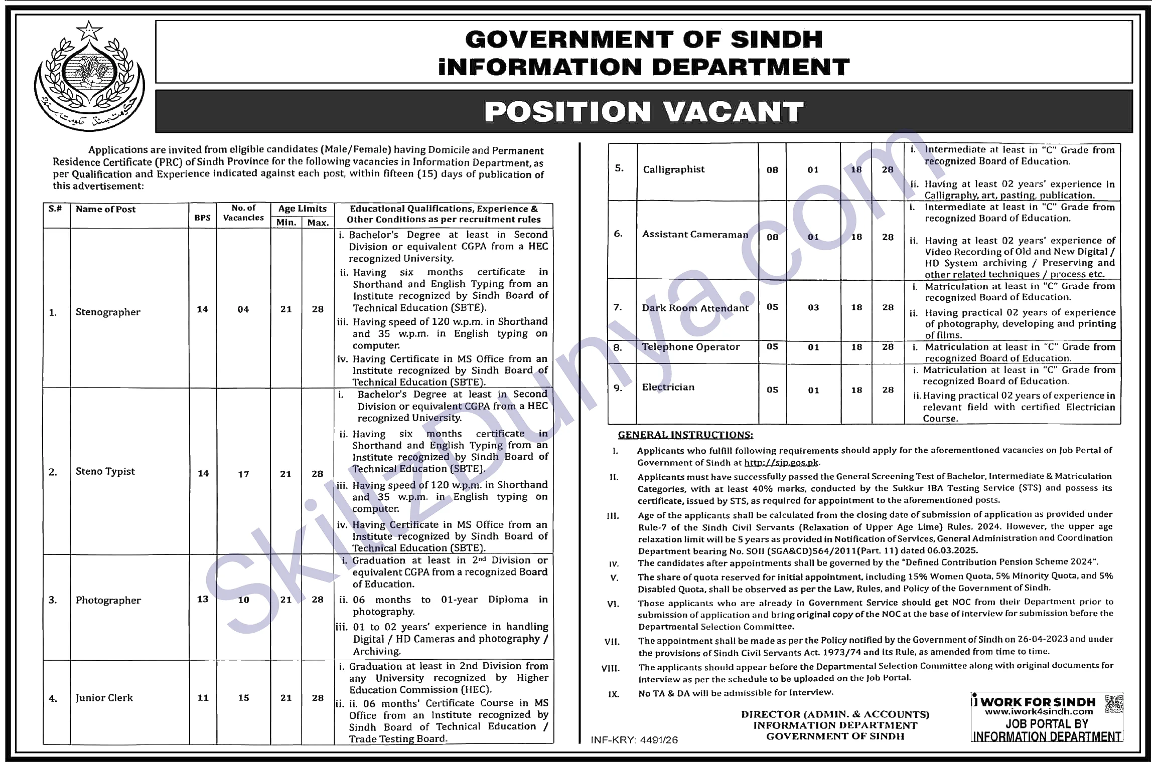 Sindh Information Department Karachi Jobs 2026 — Steno Typist, Junior Clerk & 7 More Posts — Official Newspaper Advertisement | SkillzDunya