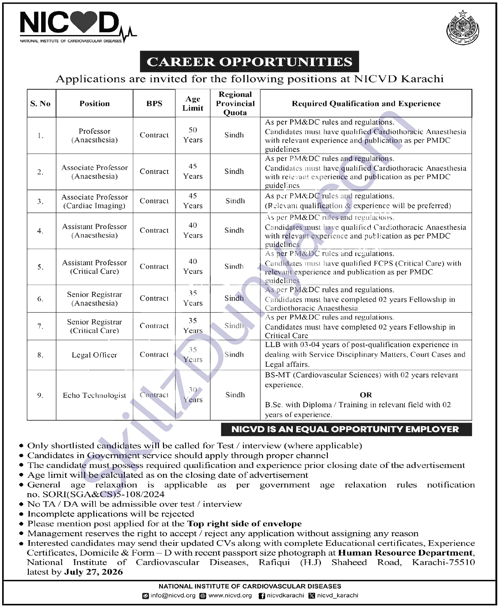 Sindh Institute Of Cardiovascular Diseases — Sindh Institute of Cardiovascular Diseases Karachi Jobs 2026 — Echo Technologist Pakistan