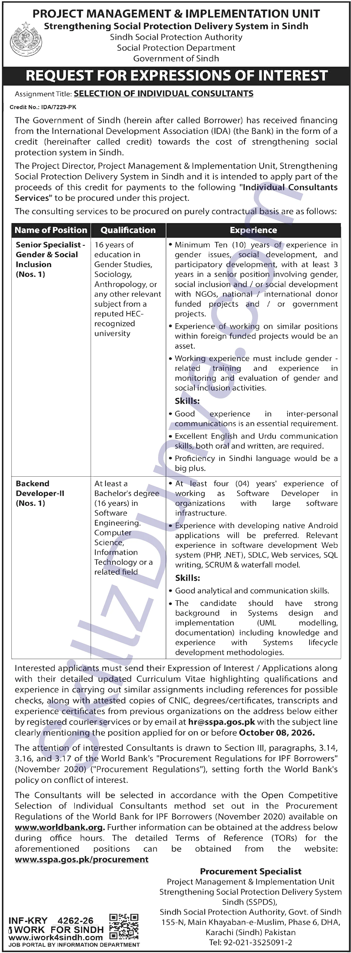 Sindh Social Protection Authority — Sindh Social Protection Authority Karachi Jobs 2026 — Senior Specialist and Backend Developer-II Pakistan