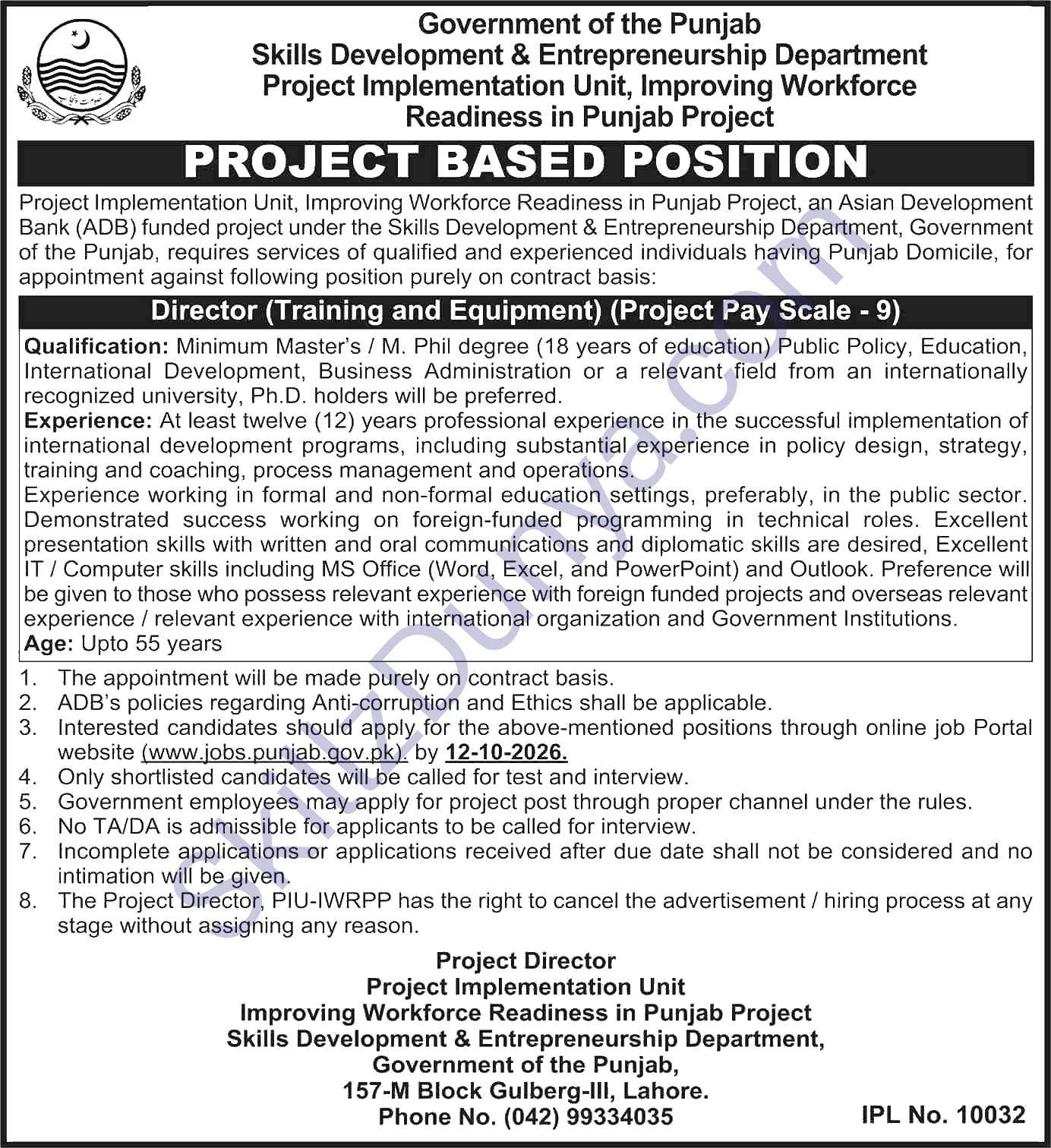 Skills Development & Entrepreneurship Department Lahore Jobs 2026 — Director (Training Equipment) — Official Newspaper Advertisement | SkillzDunya