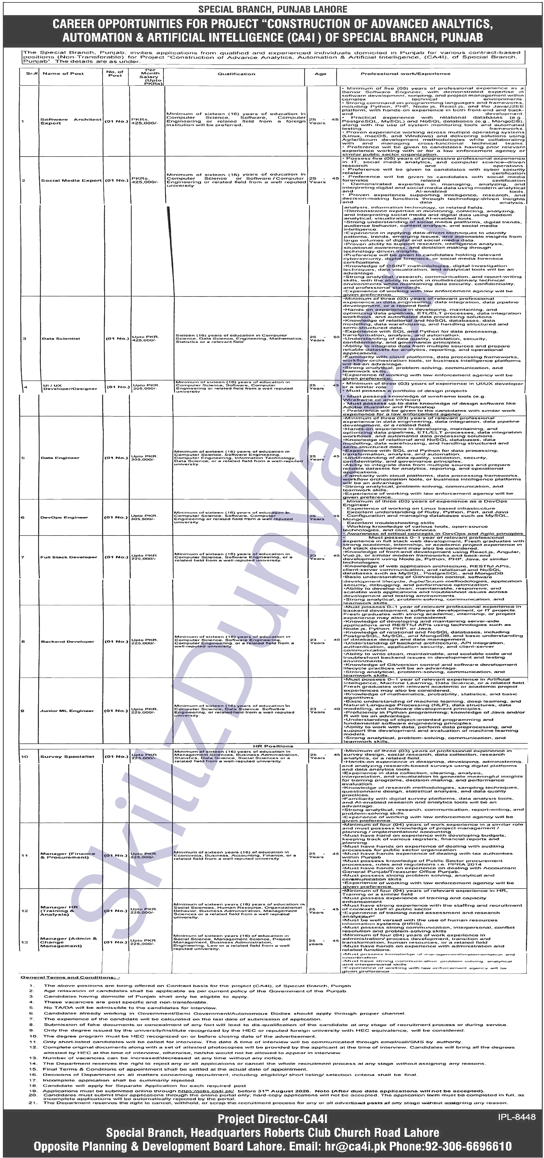 Intelligence Bureau (IB) Jobs 2026 — Construction Advanced Analytics, Automation, Artificial Intelligence (CA4I) — Official Newspaper Advertisement | SkillzDunya