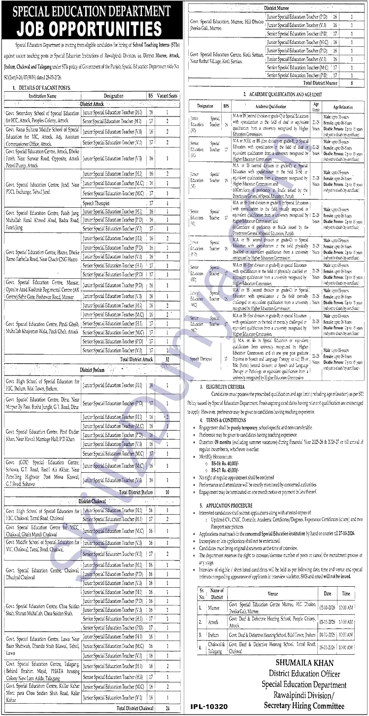 Special Education Department Rawalpindi Jobs 2026 — Speech Therapist — Official Newspaper Advertisement | SkillzDunya