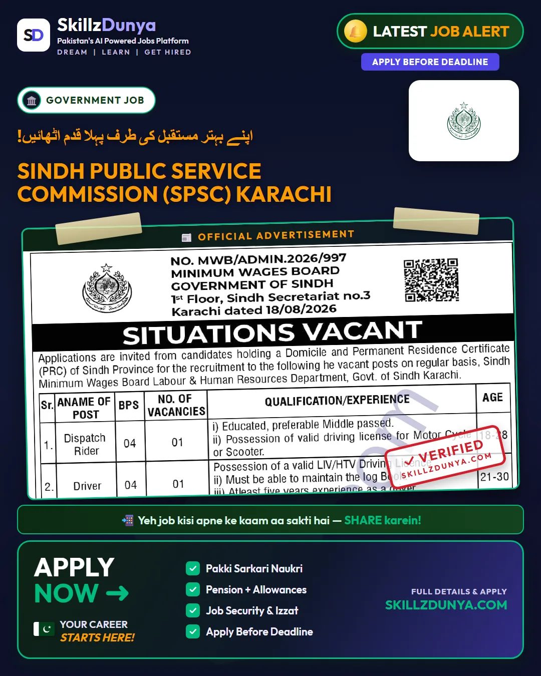 SPSC — Sindh Public Service Commission (SPSC) Karachi Jobs 2026 — Naib Qasid, Dispatch Rider & 4 More Posts Pakistan