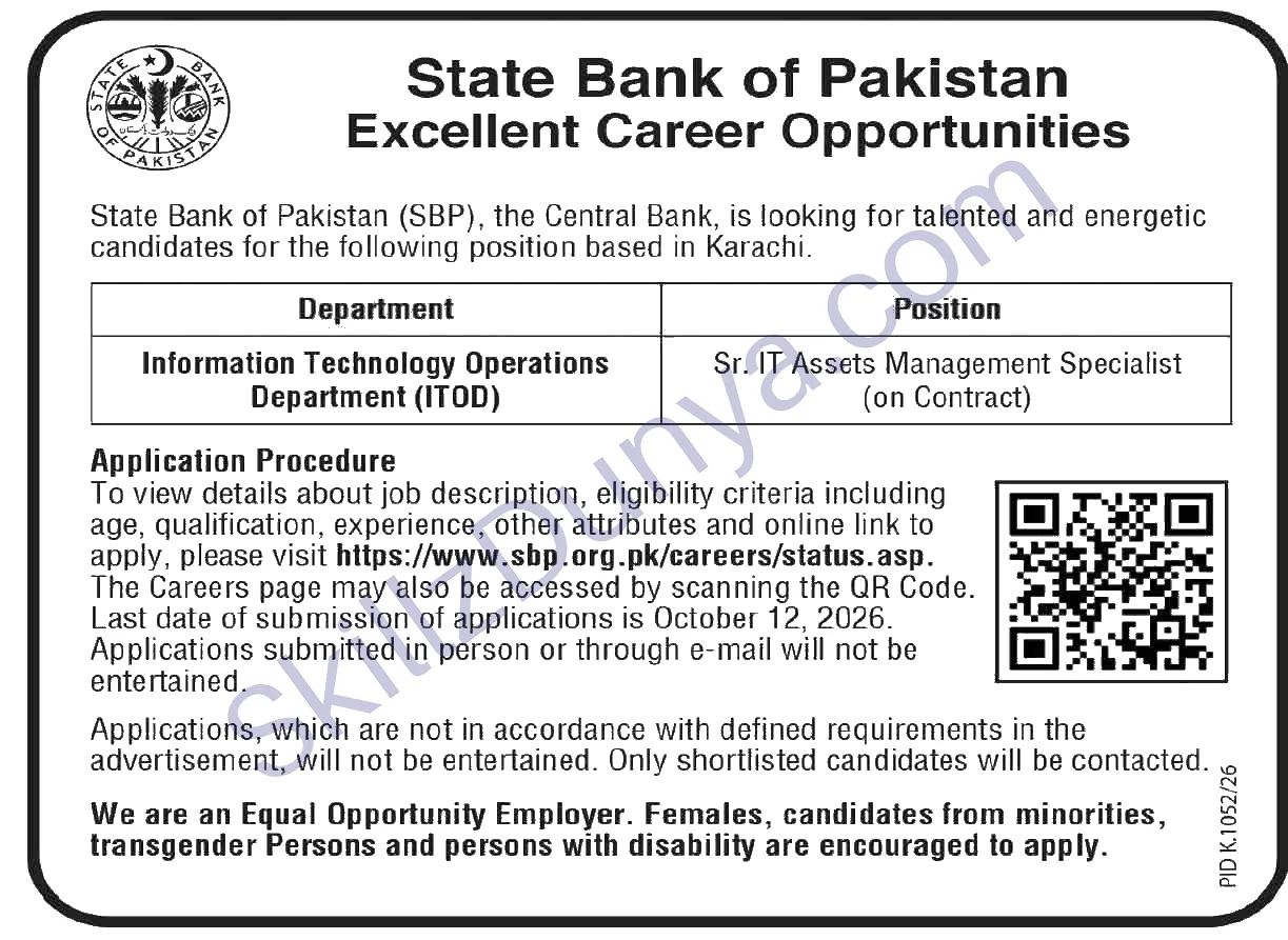 State Bank Of Pakistan Sbp — State Bank of Pakistan SBP Karachi Jobs 2026 — Sr. IT Assets Management Specialist Pakistan