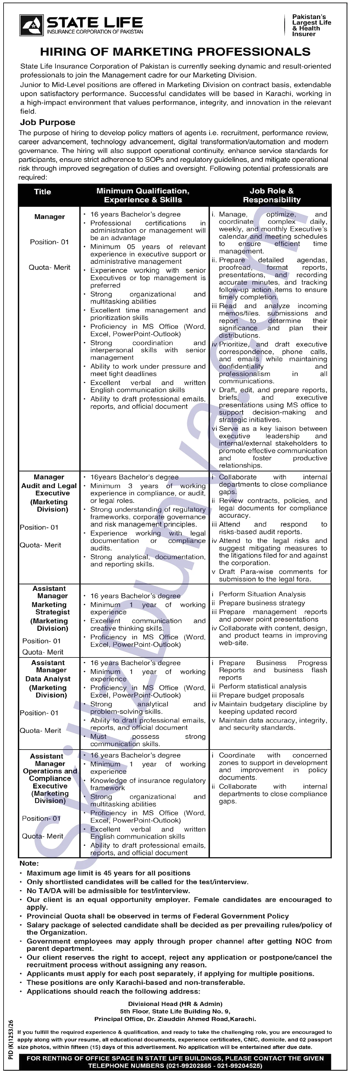 State Life Insurance (STATELIFE) Karachi Jobs 2026 — Manager — Official Newspaper Advertisement | SkillzDunya