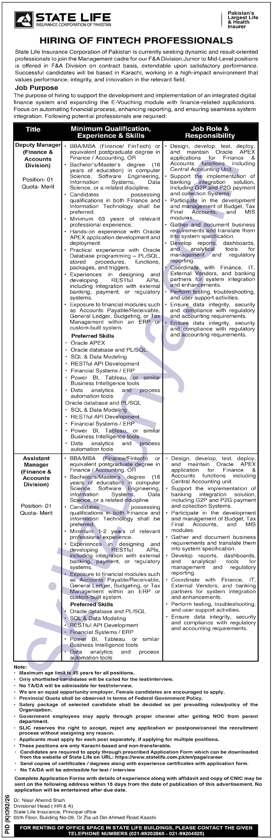 State Life Insurance (STATELIFE) Karachi Jobs 2026 — Official Newspaper Advertisement | SkillzDunya