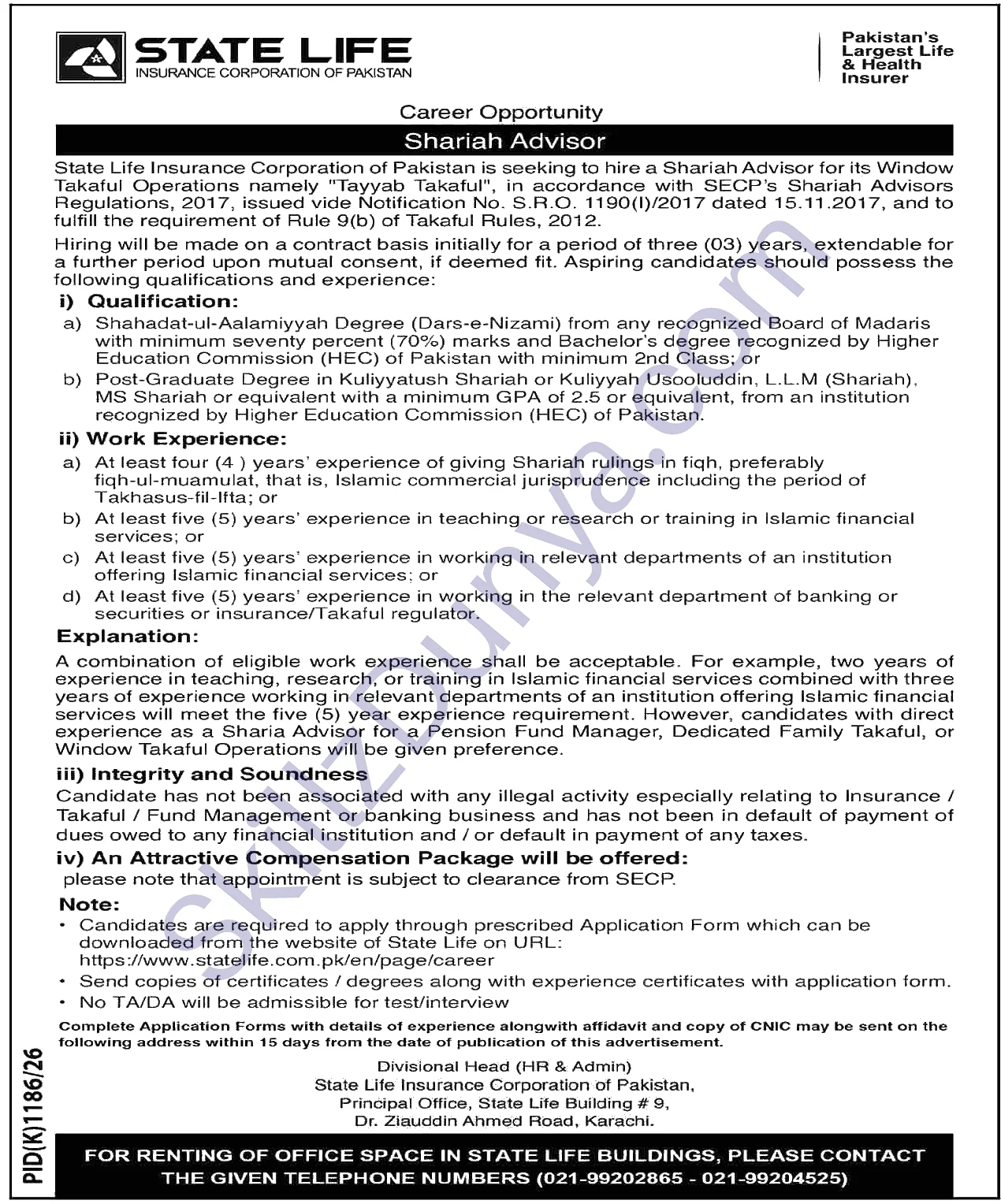 State Life Insurance (STATELIFE) Karachi Jobs 2026 — Shariah Advisor — Official Newspaper Advertisement | SkillzDunya